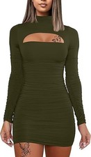 DAAWENXI Women's Long Sleeve Cut Out Bodycon Ruched Party Club Mini Dress Green