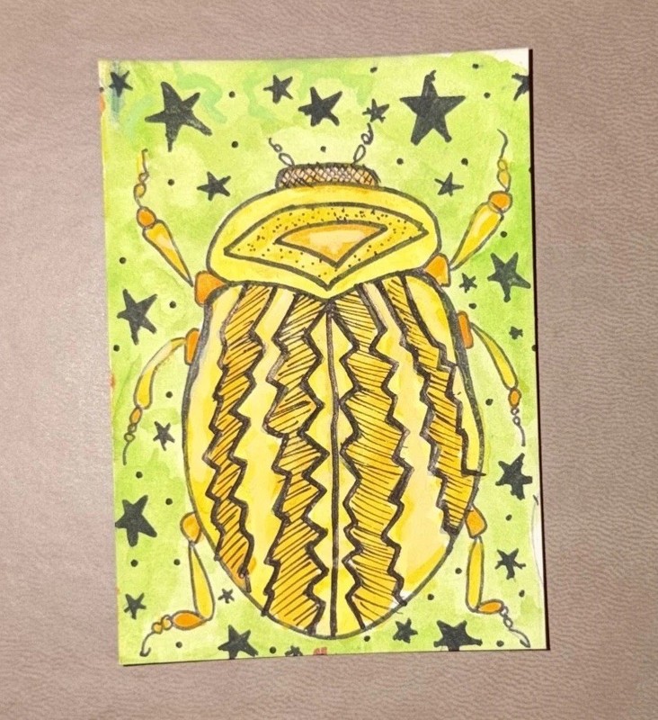 ACEO Original Beetle Watercolor Yellow Green Mini Signed "PRIDE BEETLE"
