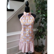 Women's Dress Medium Yellow Pink Sleeveless Halter Ruffle Hem Retro Mod Print