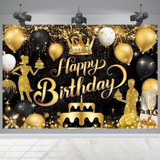 Happy Black Gold Birthday Backdrop 5x3ft Women Men Birthday Party Banner