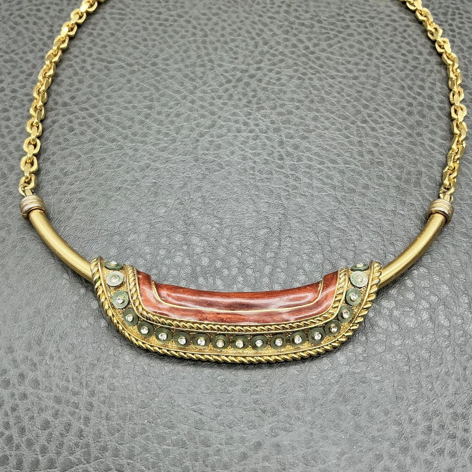 Винтажное ожерелье Orena Paris золотистая цепочка красная эмаль со стразами воротник 14 дюймов - Изображение 3 из 4