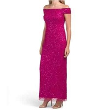 ADRIANNA PAPELL Magenta Fuchsia Sequin Beaded Off-Shoulder Maxi Gown Dress 6 US