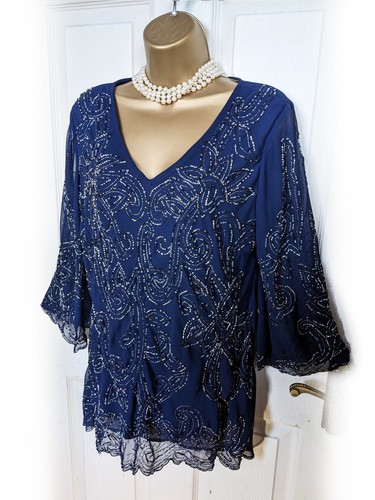 JOANNA HOPE Navy Blue Chiffon Silver Bead Embellished Evening Top, Size 14 - VGC - Picture 4 of 8