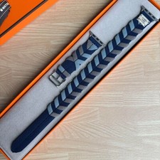 HERMES Apple Watch 40/41/38mm Cinturino Navy/Grey Double Tour Bridon mai usat...