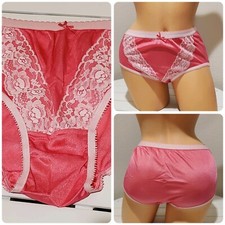 Shiny Double Nylon LACE Silky Granny Panty Wide Gusset Full Cut 7/L Burst PINK
