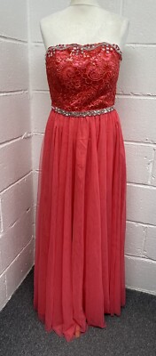 Trägerloses Abschlussball-Abendkleid korallefarben Spitze & Pailletten verziert. S/M neu mit Etikett. PBF2004126