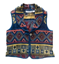 Vintage 80s 90s Southwestern Aztec Tapestry Vest Button Cotton Womens Sz Medium