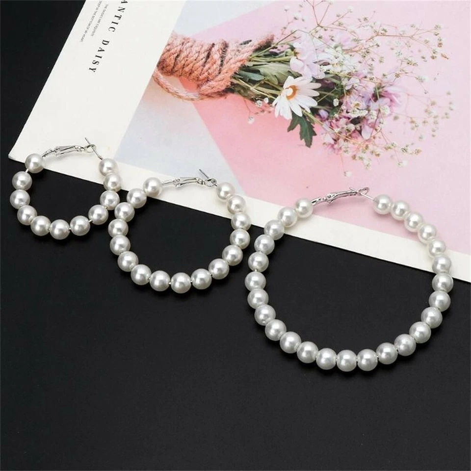 Fashion Women Large Pearl Hoop Circle Earrings Silver Boho Style Earrings Stud - Image 2 of 4