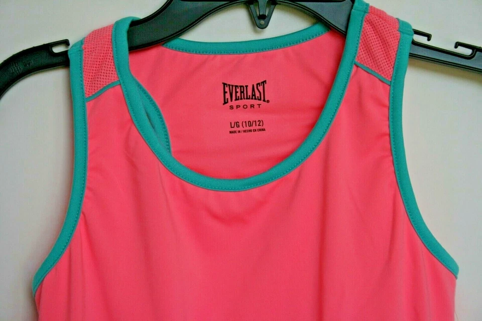 Girls Sport Shirt w/Shelf Bra Size L 10/12 Pink Teal Trim Wicking NWT Everlast   - Image 2 of 4