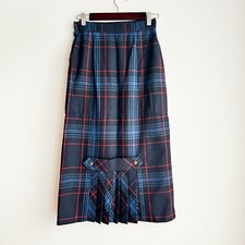 Vintage Wool Blend Plaid Pencil Midi Skirt With Pleated Detail S