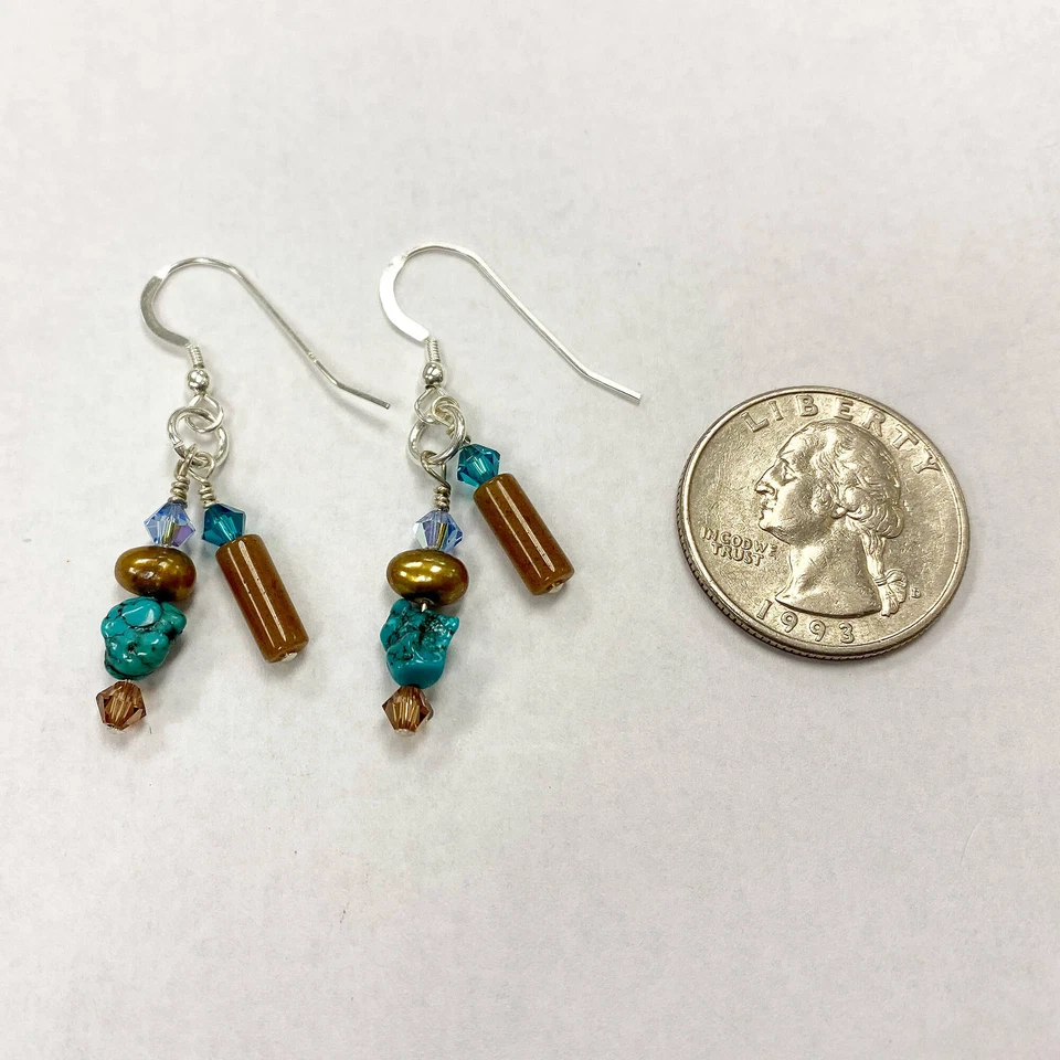 Pearl, Turquoise & Austrian Crystals 925 Sterling Silver Drop Earrings - Image 3 of 3