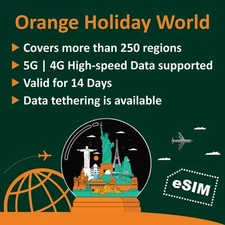 Orange Holiday Worldwide Prepaid eSIM Card | Internet Data in 5G/4G LTE... 