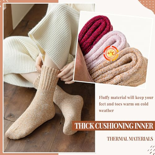 Wool Socks for Women Merino Wool Boot Hiking Thick 3 Pairs Pink/Oatmeal/Red - Bild 2 von 6