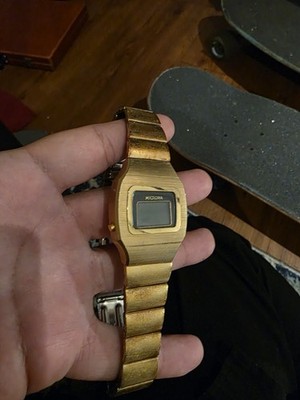 Microma Digital Wristwatch Gold Metal Bracelet Black Dial Stainless Steel Back