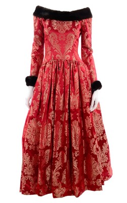 1990S ESCADA COUTURE Red Jacquard Evening Gown W/ Mink Trim Size 8