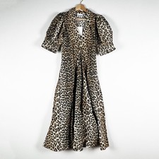 NEW Ganni F8842 Organic Cotton Poplin Leopard Animal Print Pattern Midi Dress 0