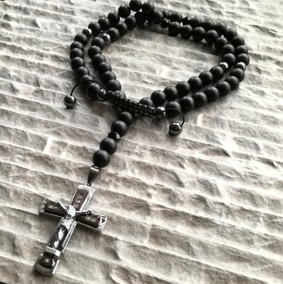 Collar Cruz Jesús Colgante Ónix 10mm Cadena de Oración Regalo de Navidad - Imagen 3 de 4