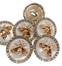 6PC White Bee Rhinestone Gold Metal Shank Buttons Jacket Blazer Crafts 23mm