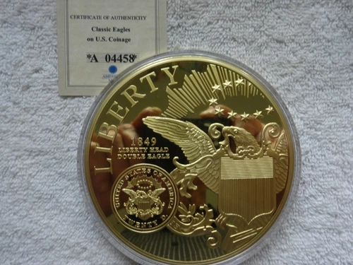 JUMBO CLASSIC EAGLE- GOLD PLATED ,PROOF COIN, 100mm/ 4 inches --COA #04458