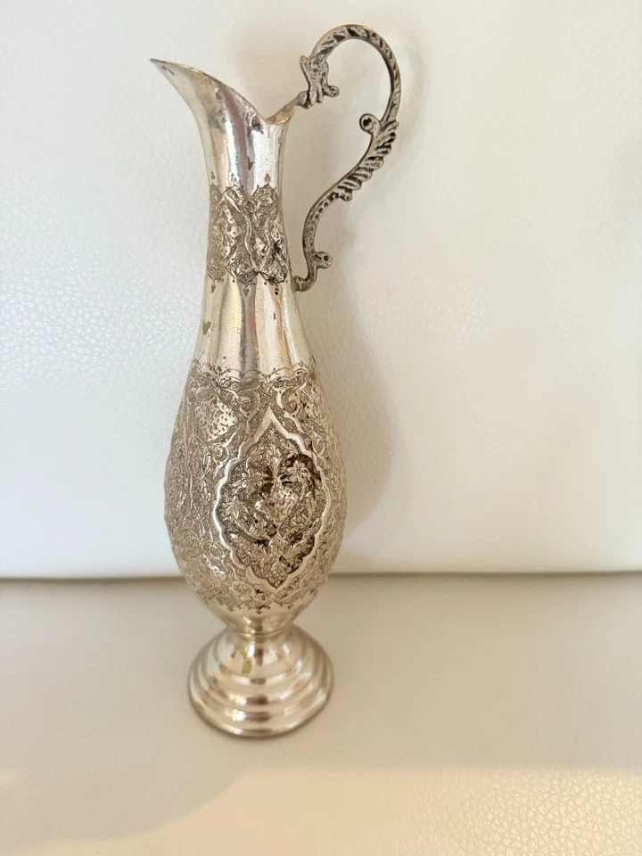 Jarrón jarra de latón persa grabado de colección mango ornamentado Oriente Medio Foto 2 de 4