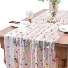 10ft Ivory Embroidery Daisy Fall Table Runner Florals Seasonal Tulle Runner