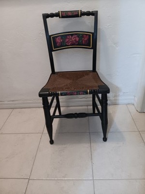 Antique wood black color chair straw seat with painted flower