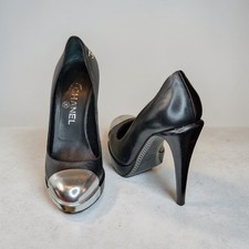 CHANEL Silver Metal Toe Logo Pumps Black Leather High Heel Platform Shoes 38.5