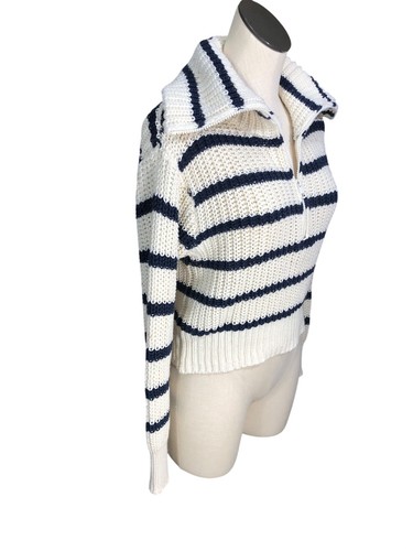 American Eagle Sweater Cropped Half Zip Navy Stripes Nautical Cowl Neck Preppy - Picture 9 of 13