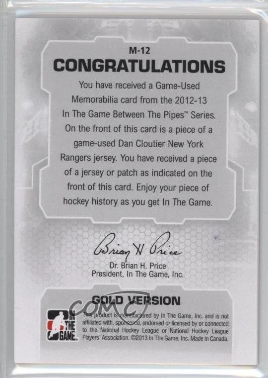 2012-13 ITG Between the Pipes Game-Used Jersey Gold Dan Cloutier #M-12 - Image 2 of 2