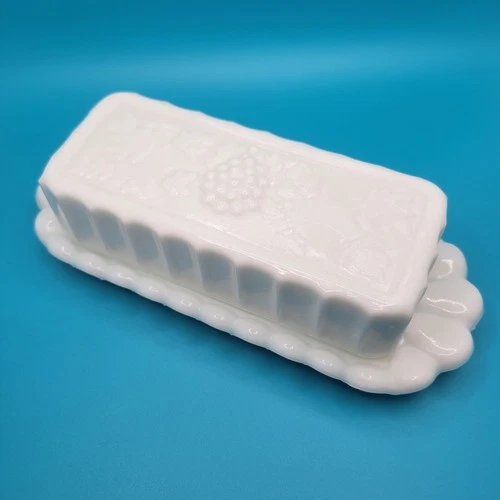 Vintage Westmoreland Milk Glass Grape Paneled Covered Butter Dish MCM Farmhouse