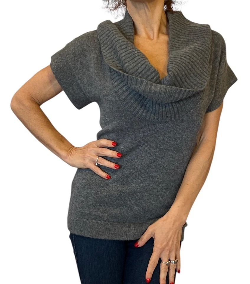 Роскошный кашемировый пуловер DEREK LAM свитер серый короткий рукав драпированный воротник-капот P - Изображение 2 из 4