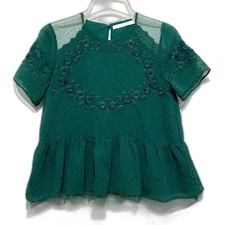 Zara Trafaluc Blouse sz Medium Green Embroidered Ruffle Peplum Top Short Sleeves