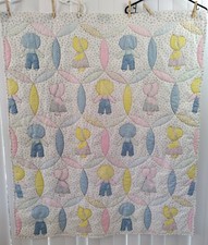 VTG Handmade Sunbonnet Sue  Overall Sam Baby Childs Quilt Wedding Ring 41 X 48
