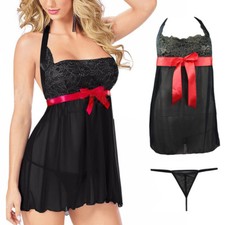 BLACK Women Sexy Lingerie Babydoll Sleepwear Underwear Lace Dress Set Plus Size