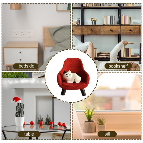 Cat Sculpture With Small Sofa Resin Mini Figures Kitten Miniature Decor Red - Picture 9 of 12