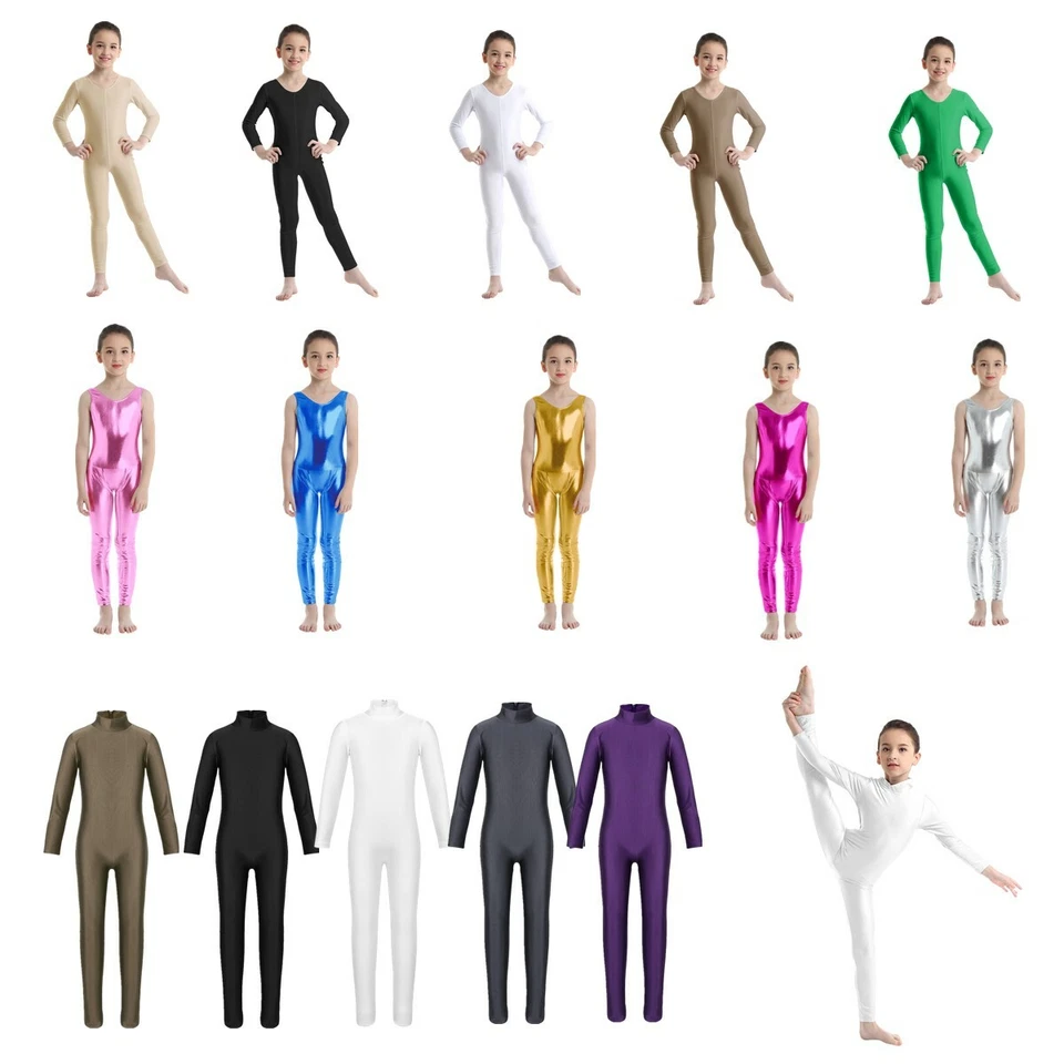 Girls Metallic Full Length Bodysuit Catsuit Ballet Gym Leotard Unitard Dancewear - Image 3 of 4