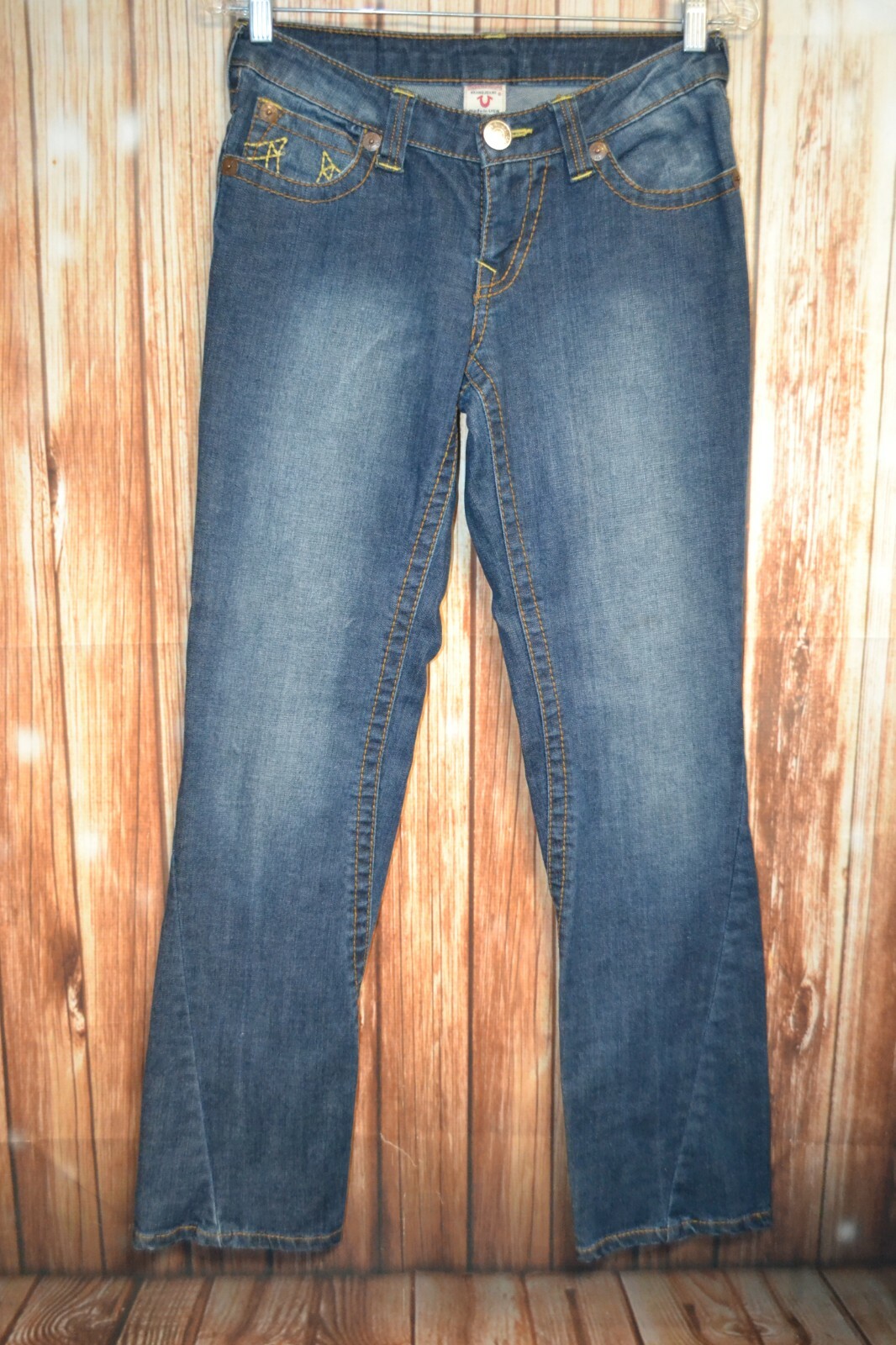 True Religion Women's Straight Yellow Stitch U Pocket Flaps Blue Jeans Sz 28x31 thumbnail 4
