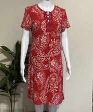 Chaps Sz L Red Paisley Summer Sheath Dress Lace Up Front Soft Cotton Stretch