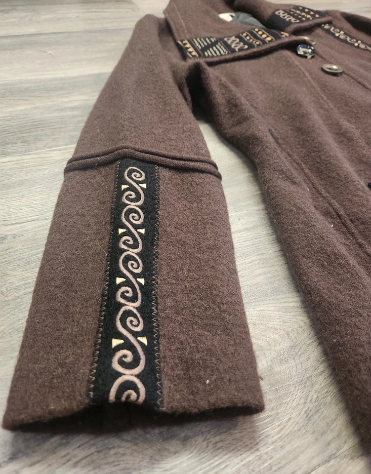 Chaqueta Carson Bordada Marrón Lana Botón Forrada Para Mujer XL Artística Boho Artística Foto 2 de 4