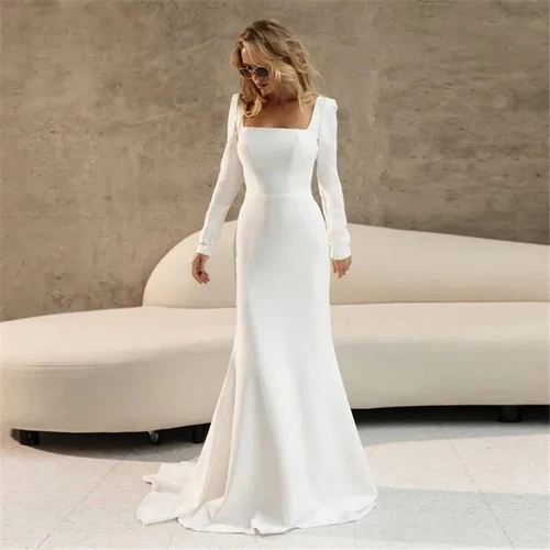 Simple Satin Mermaid Wedding Dresses Square Neck Long Sleeved Train Bridal Gowns