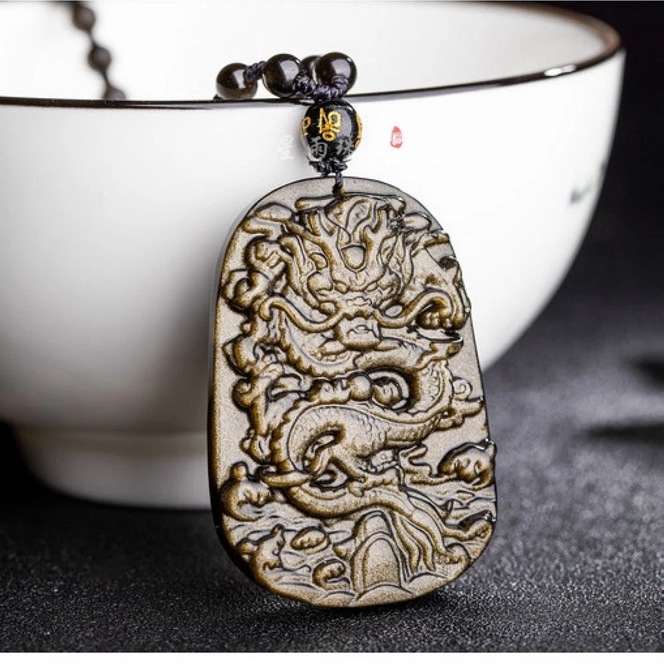 Collar dragón obsidiana oro piedras preciosas naturales colgante amuleto con cadena de cuentas Foto 2 de 4