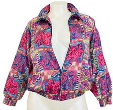 Vintage 1990s pink floral silk jacket L oversized zip patchwork paisley purple