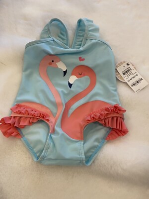 Baby Girl One Piece Swimsuit Beach Wear Sugar Blue Flamingo Swimwear 12  Months - Main Image