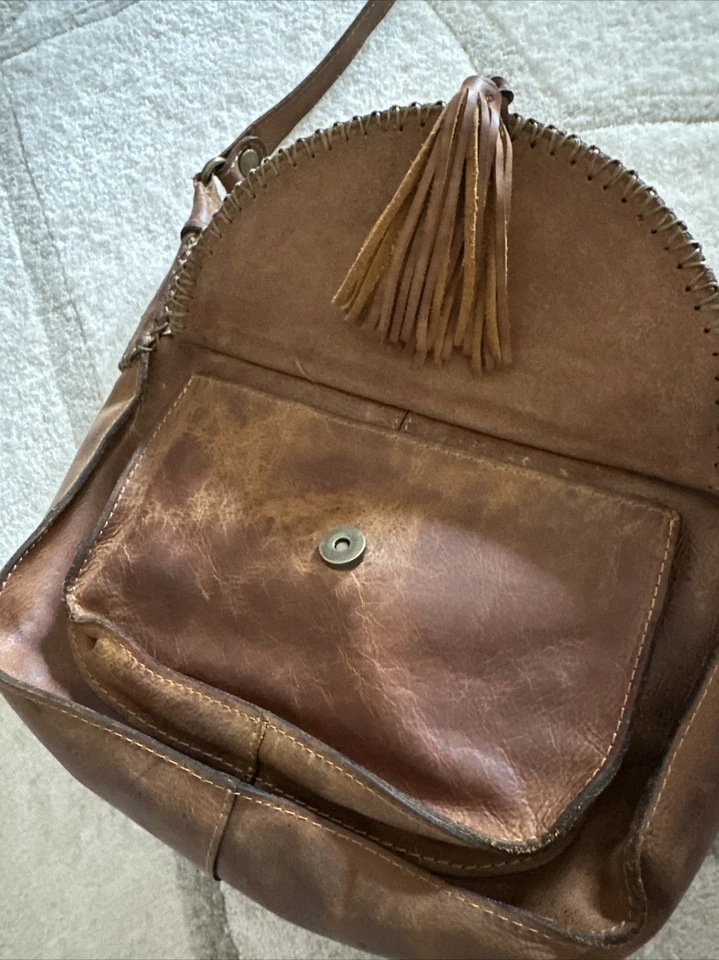 PATRICIA NASH Bolso Bandolera de Hombro de Cuero Vintage Trabajado MARRÓN Borla con Flecos Foto 4 de 4