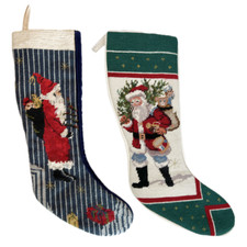 22" Santa Claus Presents Vintage Needlepoint Christmas Stockings - Set of 2