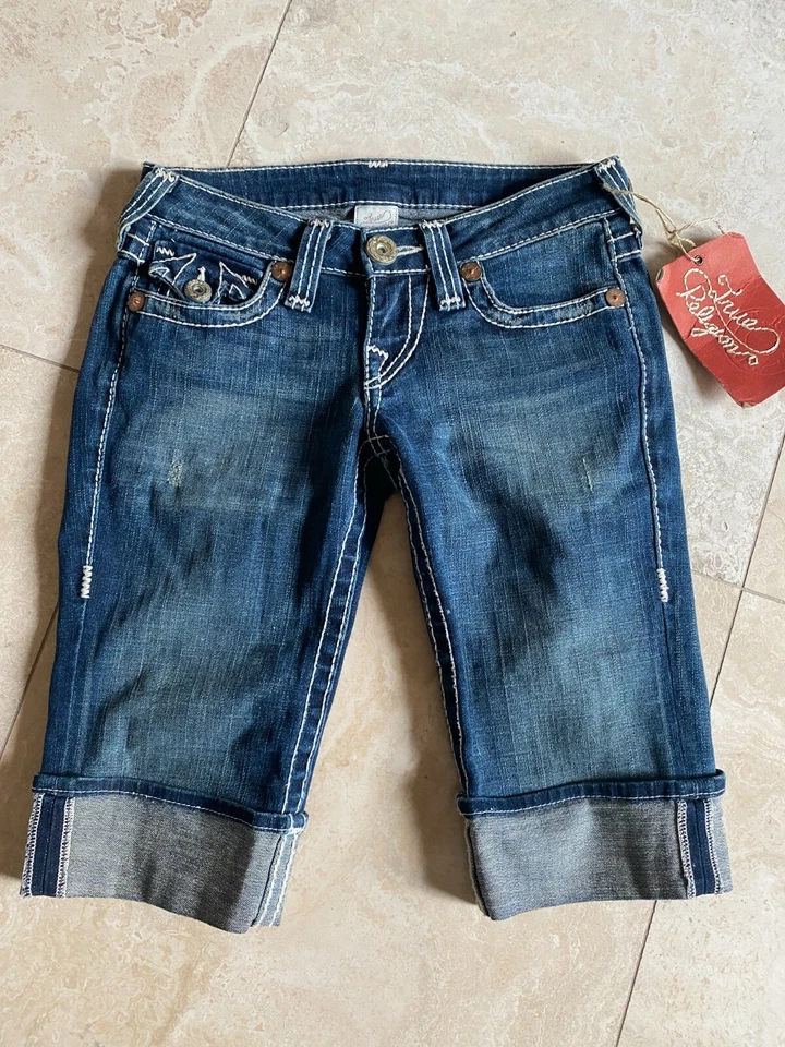 TRUE RELIGION SOPHIE BIG T DARK DRIFTER DISTRESSED BERMUDA SHORTS sz 25