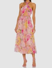 495 Rococo Sand Women's Pink Floral Front Cutout Halter A-Line Dress Size L