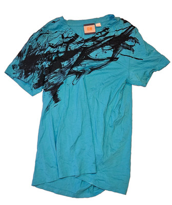 Hugo Boss Orange Abstract Print T Shirt Mens Large Blue Cotton V Neck Summer