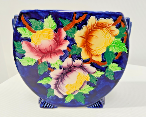 Stunning Vintage Maling Cobalt Blue Floral Vase #113 Maling Made in England - AF