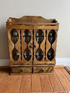 Vintage Wooden 2 Tier Spice Rack Wall Cabinet W/ 12 Glass Jars Labels